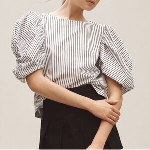 ✨NWT Anthropologie Maeve Puff Sleeve Boatneck Top Black and White Striped Medium